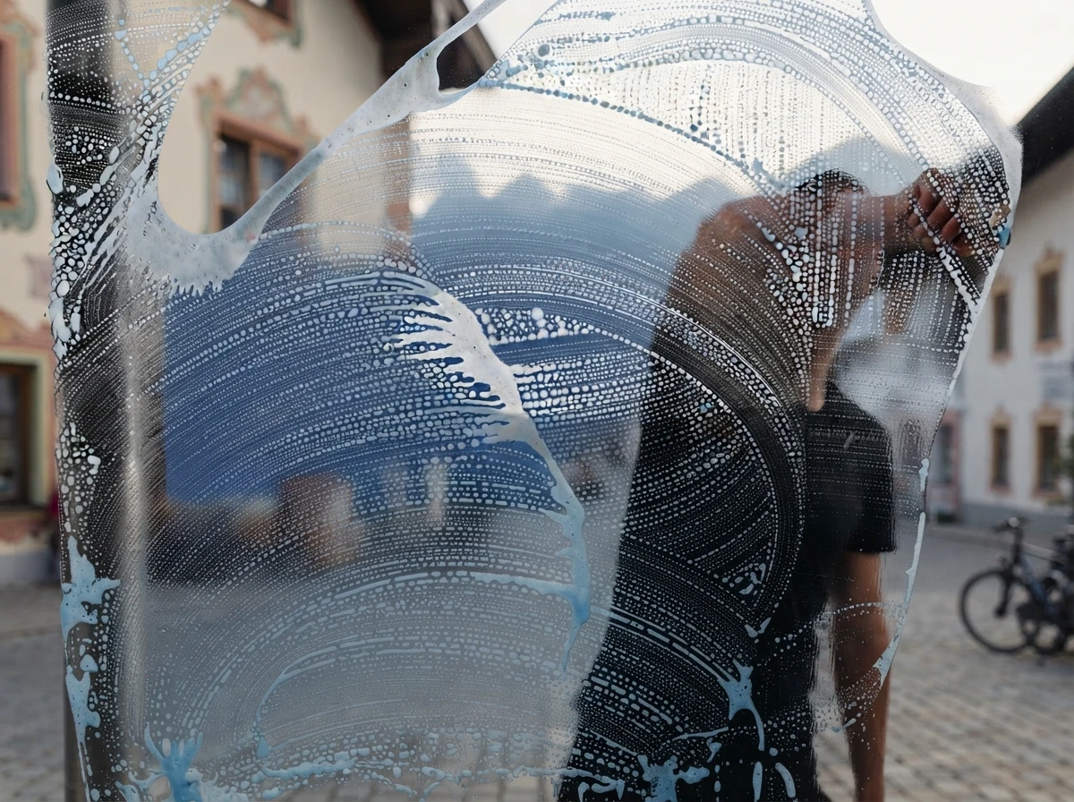 Fensterreiniger zieht einen Squeegee über eine eingeseifte Glasscheibe