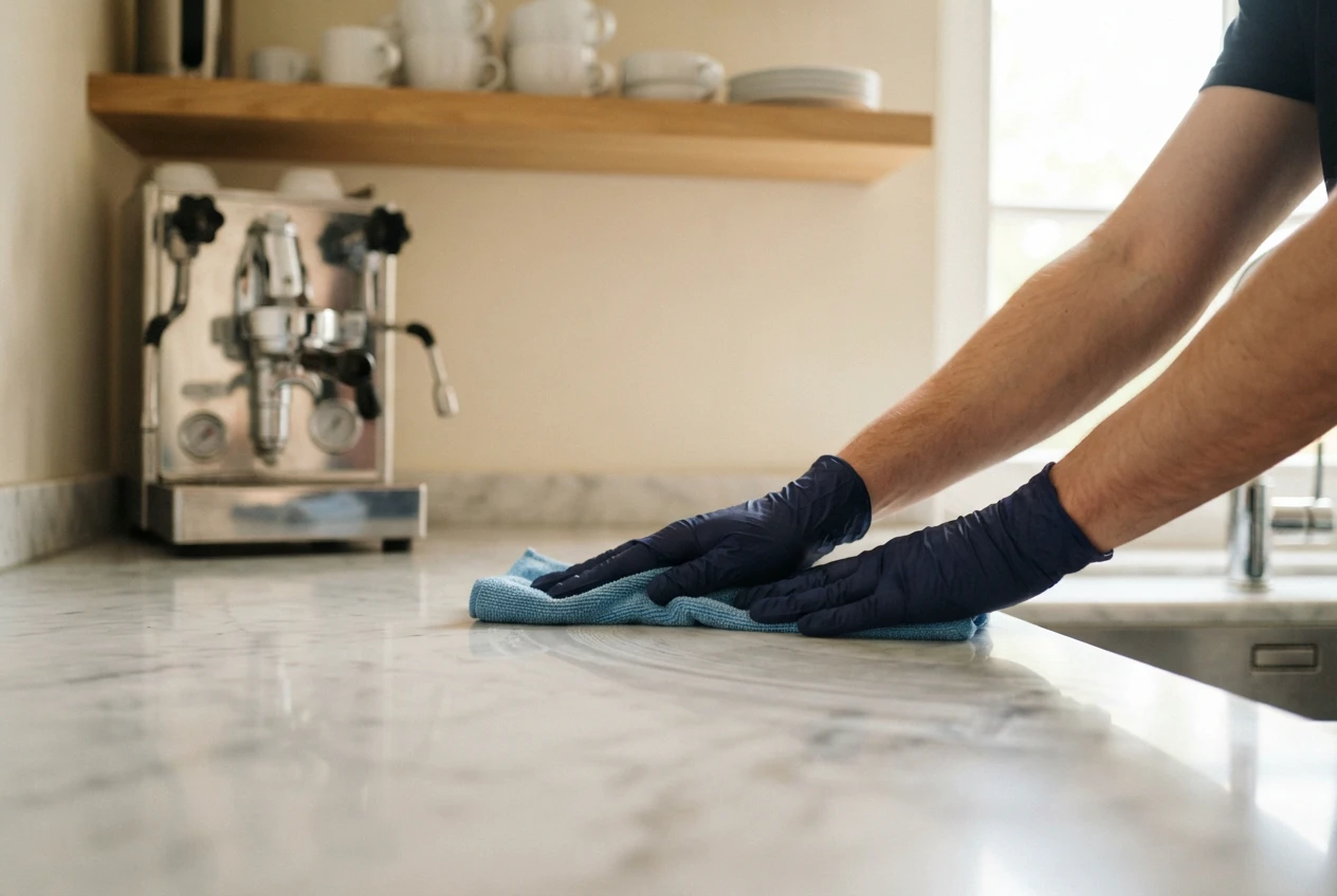 Behandschuhte Hände wischen eine Marmor-Arbeitsplatte mit einem blauen Mikrofasertuch, eine Espressomaschine ist im Hintergrund weich zu sehen.